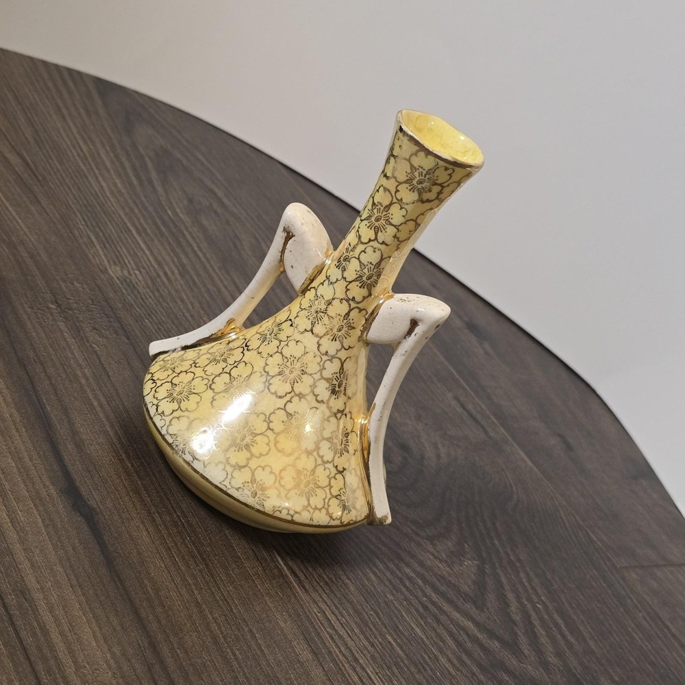 Kass Lusterware Yellow And Gold Vase Vintage Art Deco Style Flowers USA